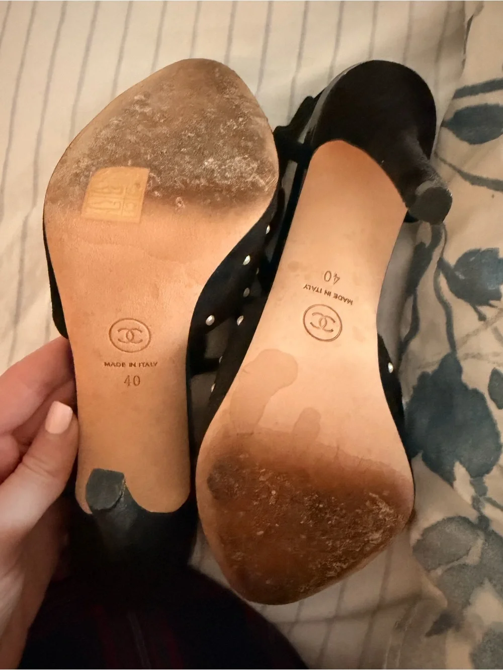 CHANEL Black Pearl-Stud Suede & Patent Slingback Heels